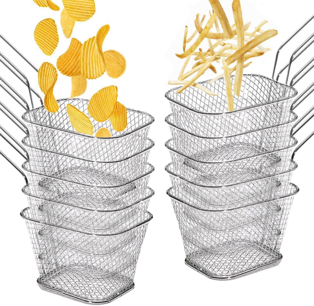 ADERTOS 10PCS Panier à Frites en Acier Inoxydable Panier à Frites Individuel Paniers à Frites Chips Crépine Mini Paniers à Frites Panier pour Friteuse Rectangulaire pour Frites, Crevettes