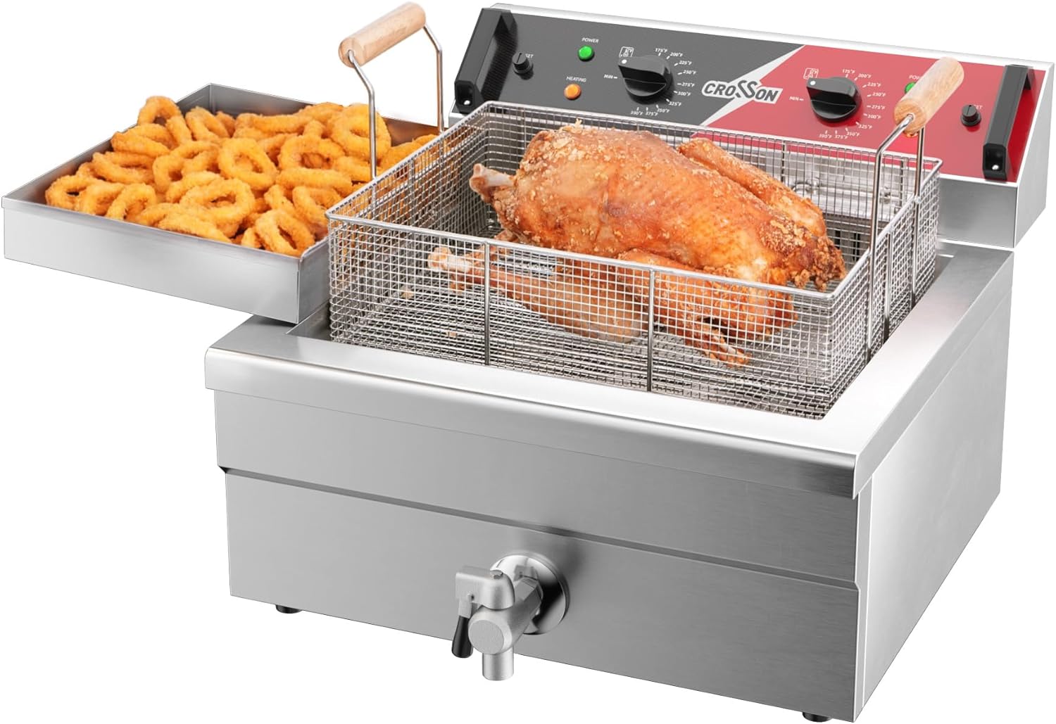 Friteuse électrique à trois paniers CROSSON 24L avec bec verseur d’huile, grille de vidange d’huile, friteuse à beignets commerciale pour faire frire un poisson ou un poulet entier