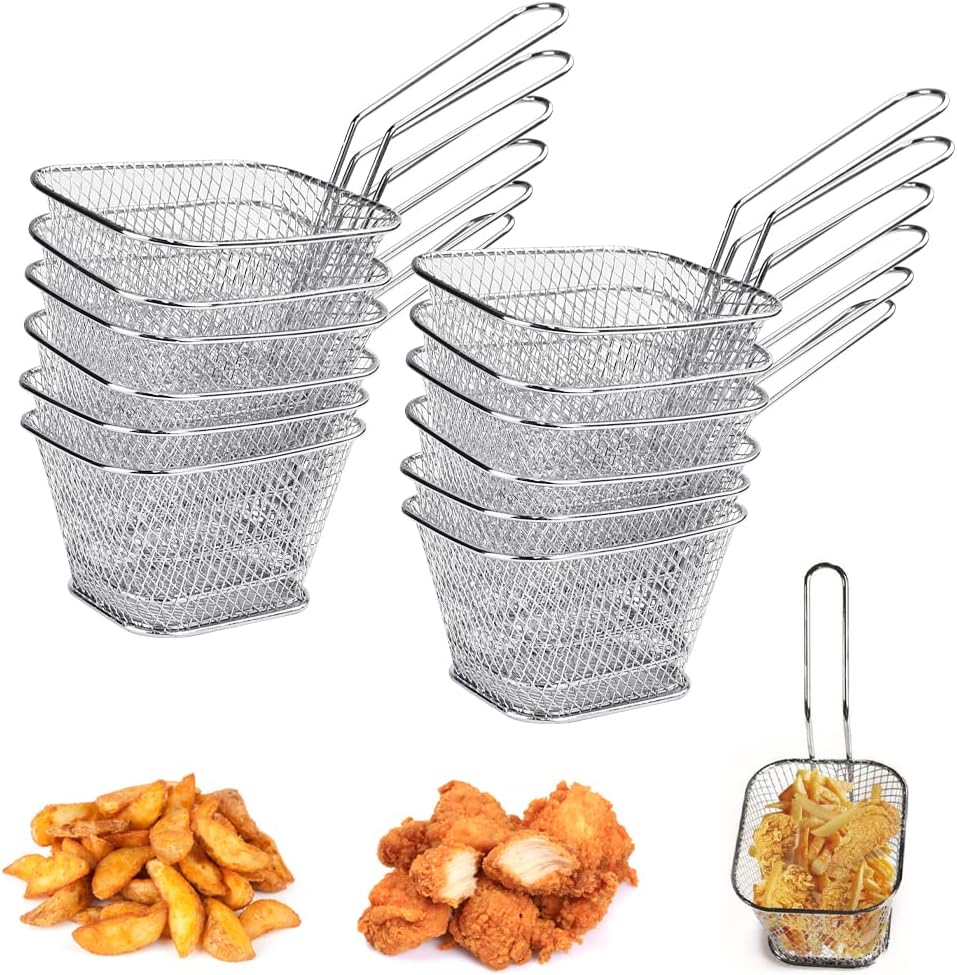 HAOMEEDUO 12PCS Panier à Frites en Acier Inoxydable Panier Presentation Frites Petit Panier Frites Individuel Panier pour Friteuse Rectangulaire Mini Panier à Frites avec Poignée pour Frites Rondelles 12 PCS