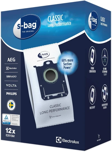 E201SM Sac Aspirateur S-Bag Classic Long Performance, 12 Sacs, optimise Le Flux d'air avec Le matériau synthétique résistant du Sac, adapté à de Nombreux Types d'aspirateurs Blanc S-bag Classic
