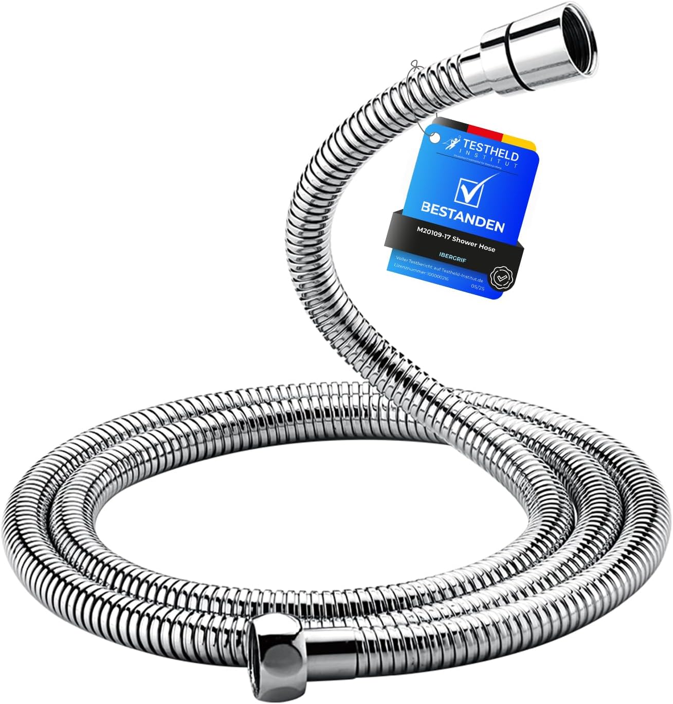 Flexible Douche 1,7m – Ibergrif Tuyau Douche en Acier Inoxydable, Anti-Torsion & Anti-Pliure, Antifuite, Universel G1/2", Remplacement Robuste avec Raccords en Laiton et Joints, Chrome/Argentée