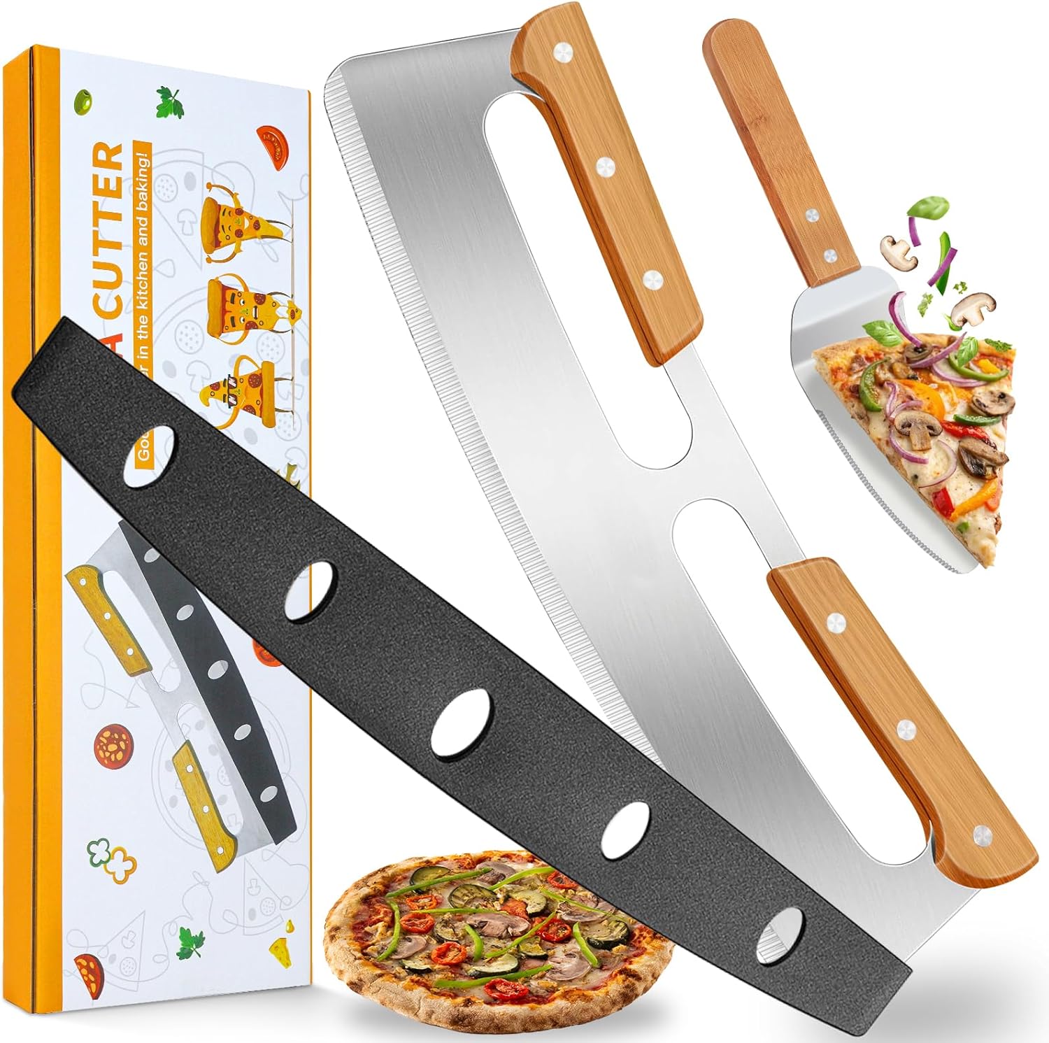 Coupe Pizza, Couteau Pizza Grand en Acier Inoxydable avec Pelle à Pizza et Couvre-Lame, Couteau à Pizza Tranchant Professionnel qui Poignée en Bois, Lavable au Lave-Vaisselle, pour Pizza, Gâteau(35cm) 35 cm Acier Inoxydable + Bois