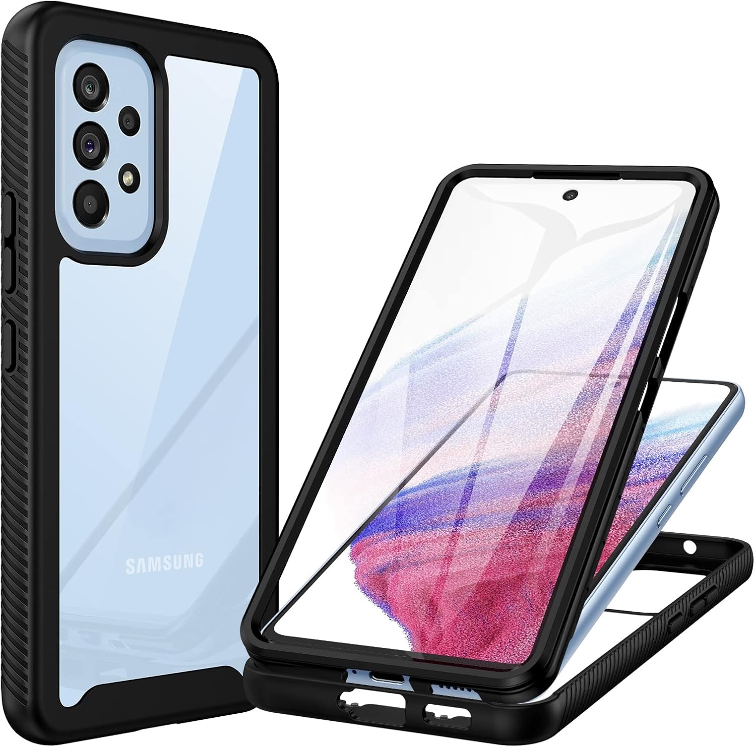 Coque Samsung A53 5G, Antichoc Housse avec Protection d'écran, 360° Protégé Téléphone Etui Double Face Case Robuste Transparent Portable Intégrale Coque pour Samsung Galaxy A53 5G - Noir Coque A53 5G