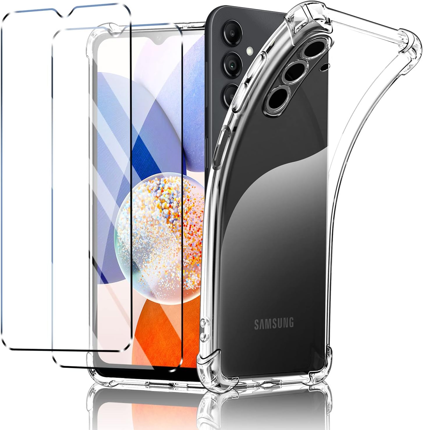 New&Teck Coque pour Samsung Galaxy A14 4G/5G + 2 Verre Trempé Protection écran, Housse Etui en Silicone TPU Souple, Bumper avec Coins Renforcés, Protection Claire - (Transparent)