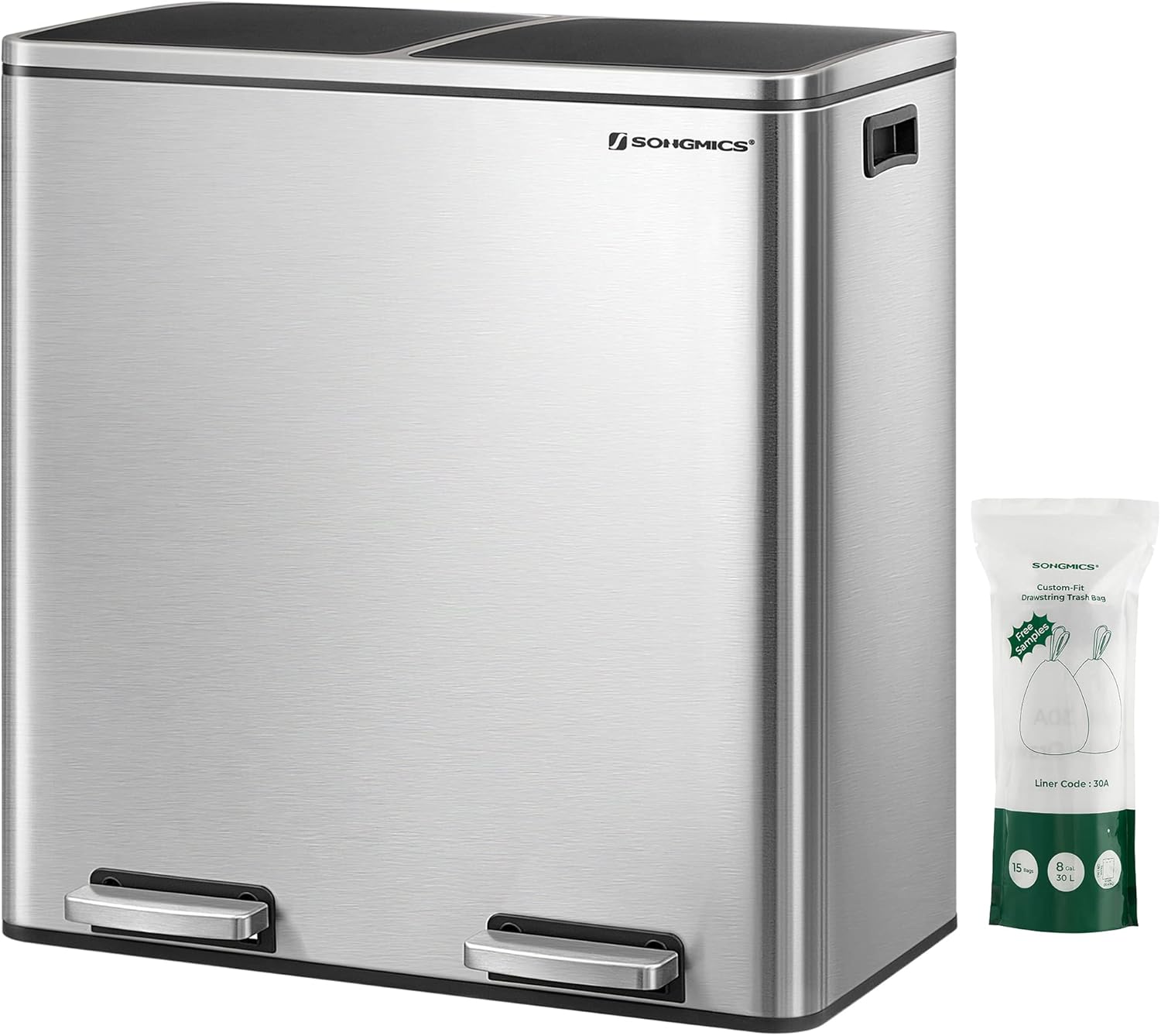 Poubelle à Double Compartiment 2 x 30L, avec 15 Sacs Poubelles, Pédales en Métal, 2 Seaux Intérieurs en Plastique, Couvercles, Poignées, Fermeture en Douceur, Argent et Noir LTB60NL