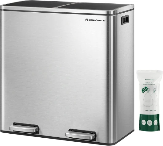 Poubelle à Double Compartiment 2 x 30L, avec 15 Sacs Poubelles, Pédales en Métal, 2 Seaux Intérieurs en Plastique, Couvercles, Poignées, Fermeture en Douceur, Argent et Noir LTB60NL