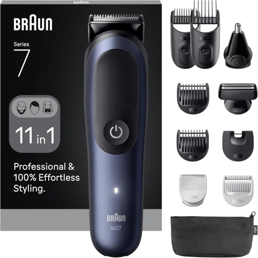 Tondeuse Tout-En-Un Series 7, Kit 11-En-1, Lame ProBlade, Technologie AutoSense, 120 Min D'autonomie, Protection SkinGuard, Barbe En Dégradé, Manche AquaGrip Pratique Sous L'eau, AIO7540, Bleu