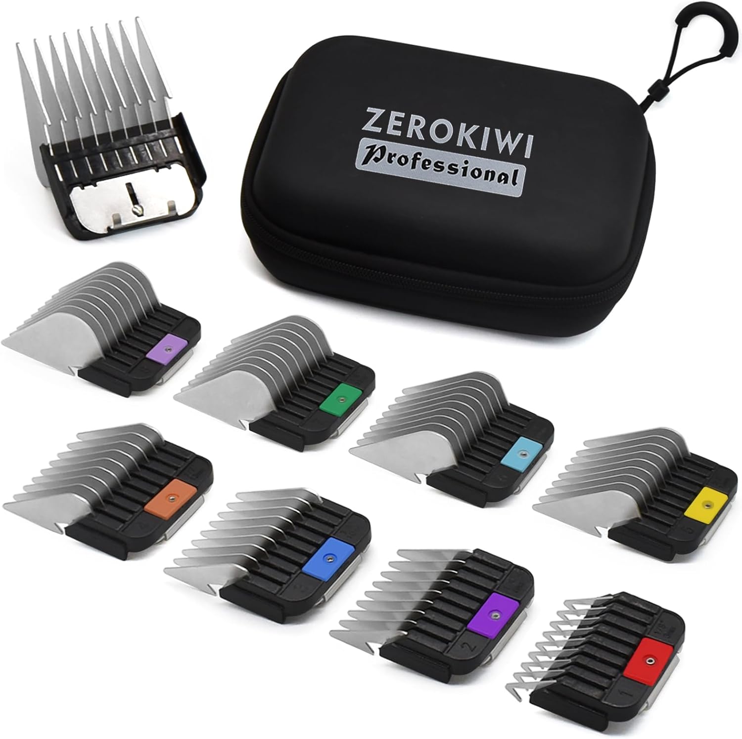 ZEROKIWI 8 Peignes Guides Professionnels en Acier Inoxydable Type A5, 3/6/10/13/16/19/22/25mm, 1/8"-1" Compatibles avec Wahl KM2/5/10, Andis AG/BG, Oster A5/A6 et Tondeuses pour Animaux Type A5