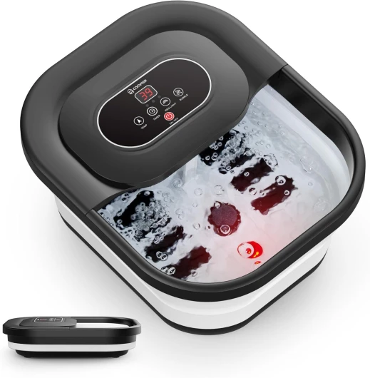 Bain de pieds chauffant de massage-Masseur de pieds pliable-Fonction de vibration et de bulles-Pierre ponce pour pieds-35℃-48℃-Avec 8 rouleaux Shiatsu (Noir)