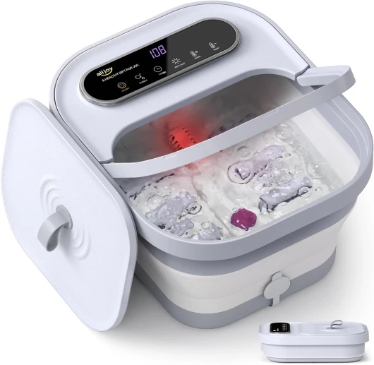 Bain de Pieds Massant Pliable avec Bulle, Chaleur, Bain de Pieds Bouillonnant Spa avec 24 Température, Pierre Ponce, 6 Minuteries, 6 Rouleaux de Massage Shiatsu, Lumière Rouge Gris