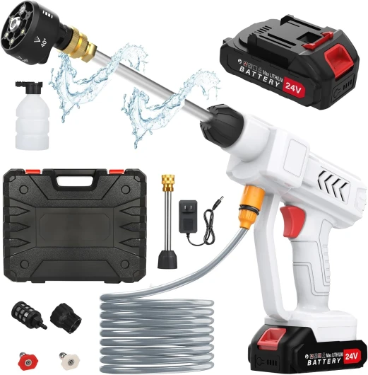 Nettoyeur Haute Pression sans Fil, Nettoyeur Haute Pression avec Buse 6 en 1, Pulvérisateur de Mousse, 2 Batteries, Tuyau de 5M, Adapté pour Nettoyer Les Voitures, Sols 260PSI