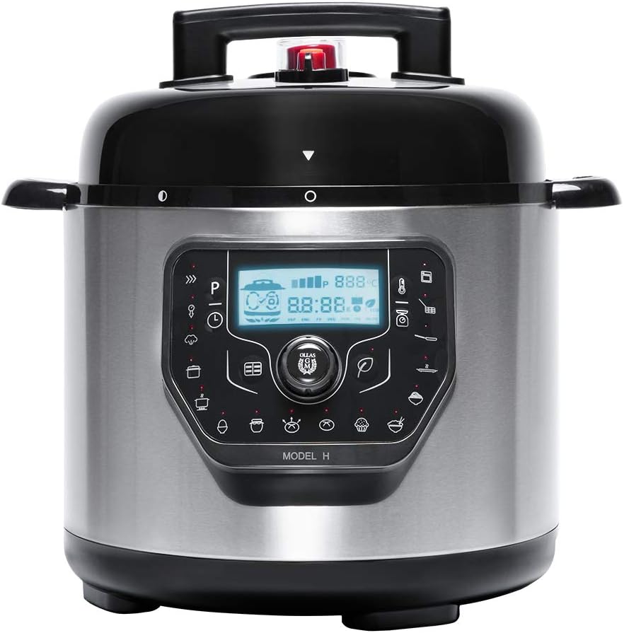 Multicuiseur Ollas GM Modèle H Deluxe - 1000 W, Robot de cuisine multifonction Programmable 24h avec 6 litres, Couvercle rabattable, 16 menus et balance, Acier inoxydable