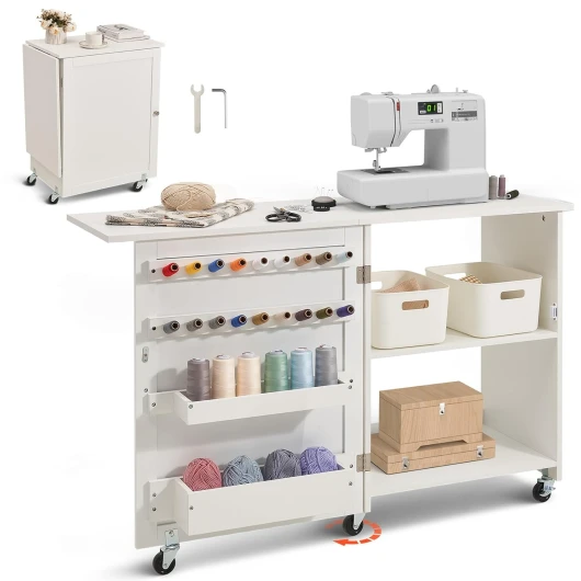Table de Couture Pliante, Table pour Machine à Coudre Polyvalente avec Design Compact, roulettes verrouillables, étagères, Plateaux de Rangement, Chevilles en Bois et Portes magnétiques, Blanc