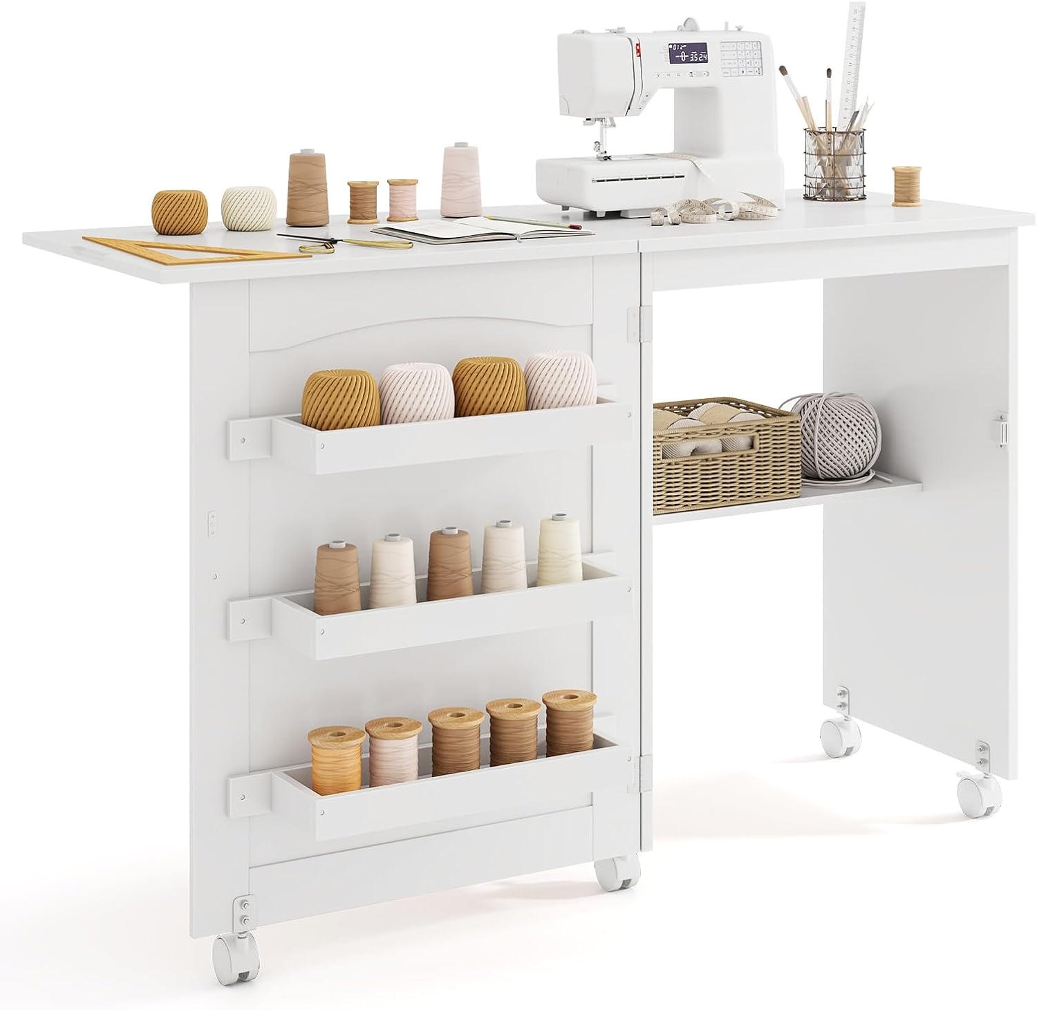 Table de Couture Pliante, Meuble Machine à Coudre avec 4 Étagères pour Travaux Manuels, 5 roulettes, Armoire Couture avec Rangement pour Petits Espaces (118,5 x 40 x 79,5 cm, Blanc) 118,5 x 40 x 79,5 cm Blanc
