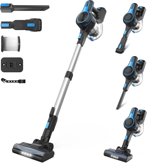 Aspirateur sans Fil, Aspirateur Balai sans Fil Puissant, 45Min Autonomie, Batterie Amovible Rechargeable, Capacité 1.2L, 6 en 1 Aspirateur sans Sac Léger pour Poils Animaux Sol Dur Tapis Voiture Cyan