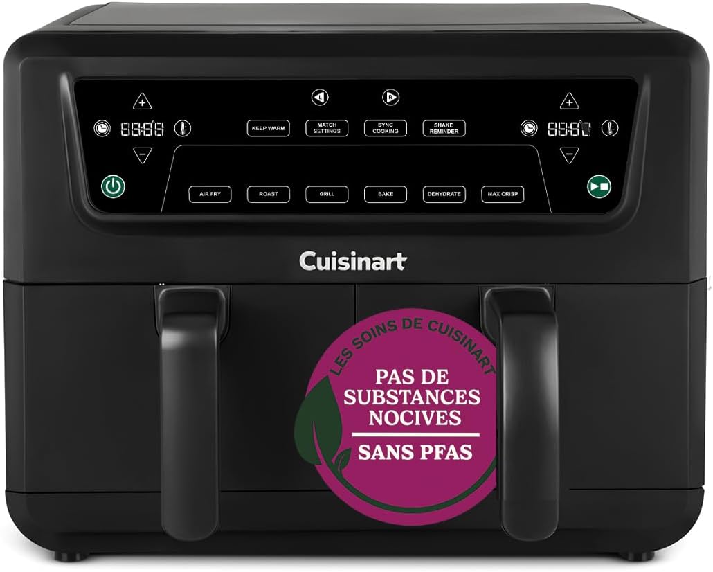 XXL Air Fryer 2 compartiments, Sans PFAS, Cuisson sans produits chimiques, friteuse air fryer, Rôti, Gril, Patisserie, Déshydratation, Max Crisp, et Garder au chaud, Tiroirs doubles,2 x 5.2L Panier double noir