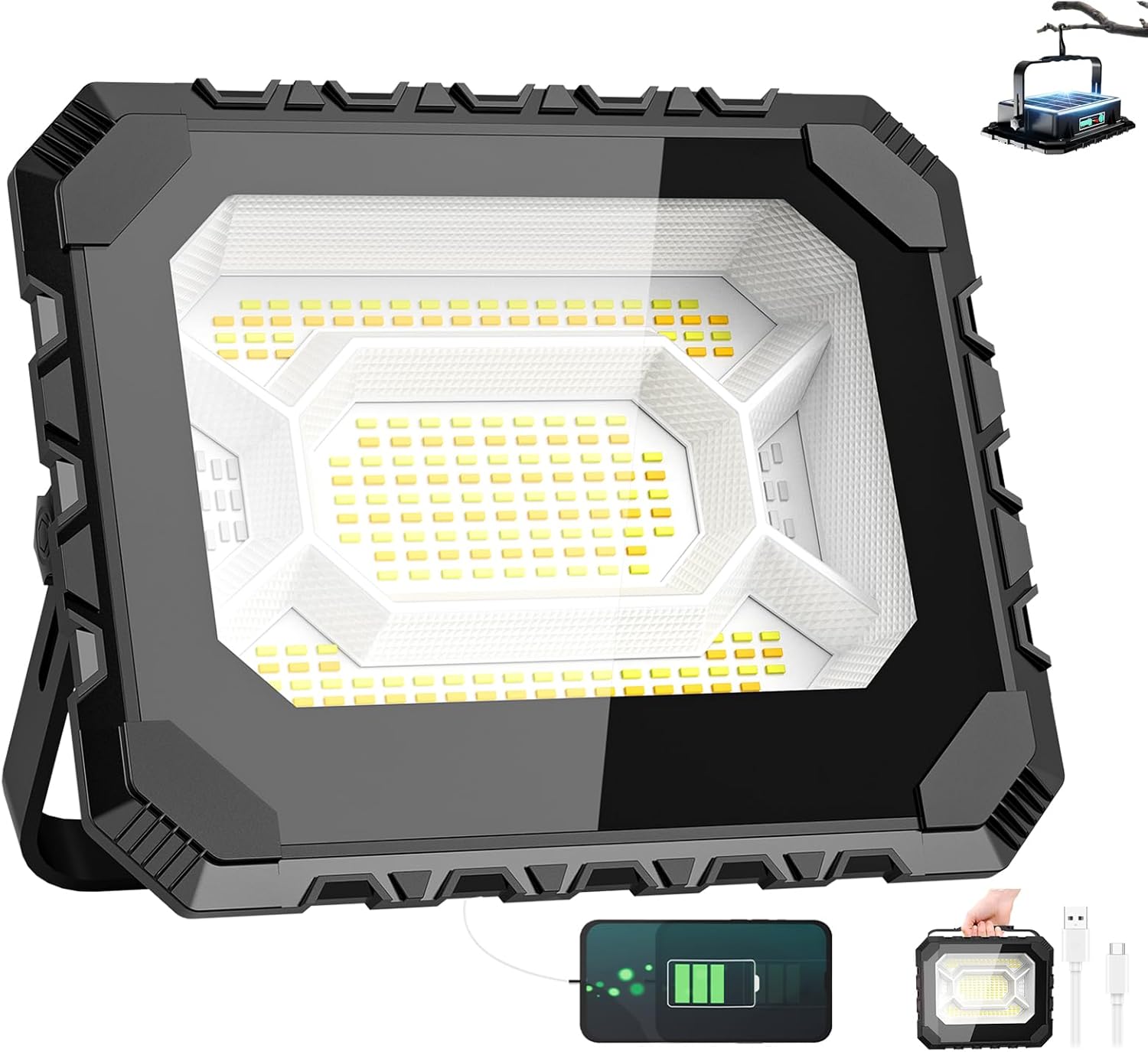 Adewalk Projecteur de chantier LED 200 W - Batterie solaire - Portable - 16000 lm - 16000 mAh - Batterie rechargeable par USB - 5 modes d'éclairage - Lampe de camping portable en plein air pour les 200W