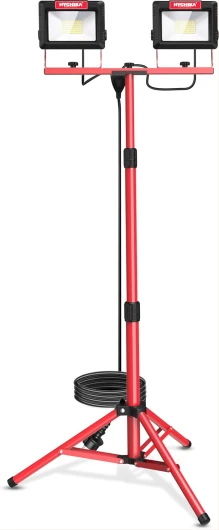 HYCHIKA Projecteur LED sur Trépieds 2 x 60W, 14,000LM Lampes de Travail à LED avec Trépied Télescopique en Métal Réglable, Étanche IP65, Rotation à 360 °, Câble 3M Rouge 120W