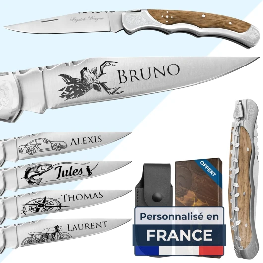 Couteau homme personnalisé - Marque laguiole gravé avec un prénom - Couteau pliant personnalisable - Cadeau Fête des pères - Idée cadeau pour homme, Papa (Marron, Couteau) Marron Couteau