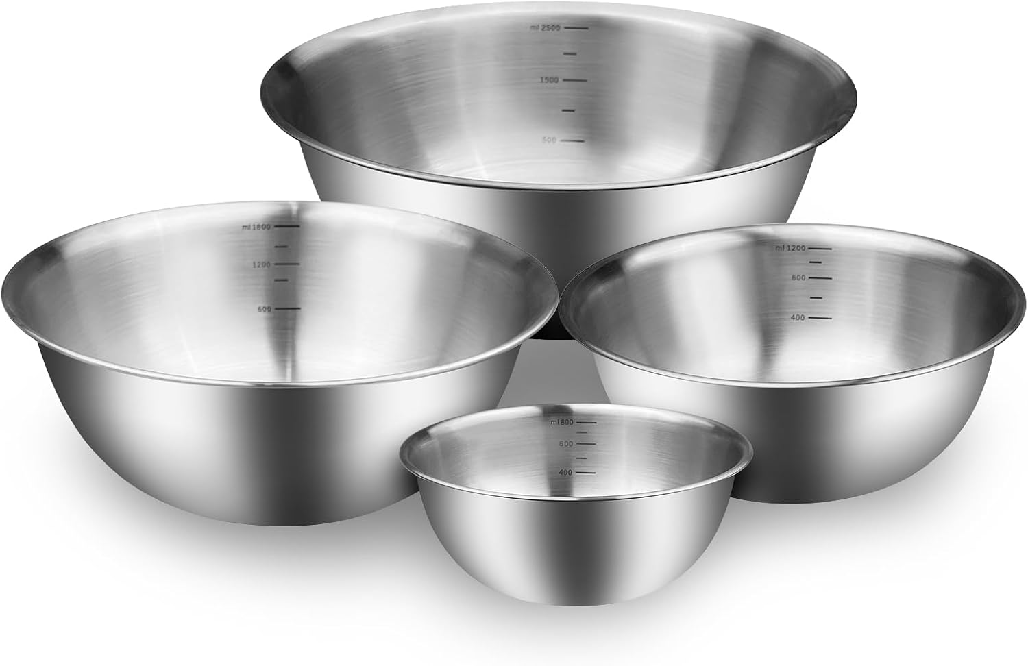 Dunkwckore Lot de 4 Bols à Mélanger, Saladier Cul de Poule Inox, 4 Saladiers Tailles Différentes 0.85L, 1.2L, 1.8L, 2.5L, Empilables et Lave-Vaisselle, Idéal pour la Cuisine, Pâtisserie et Stockage