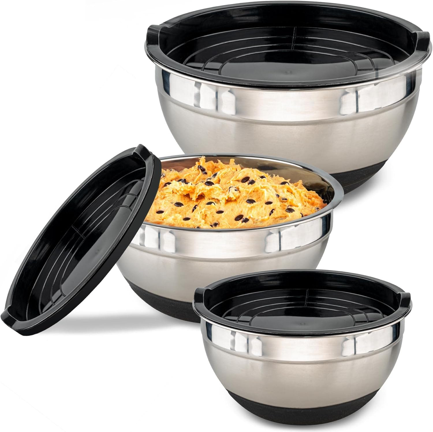 3 Bols en Acier Inox avec Couvercles - Antidérapants - Hermétiques - Avec Lignes de Mesure - Empilables - Idéal pour Mixer