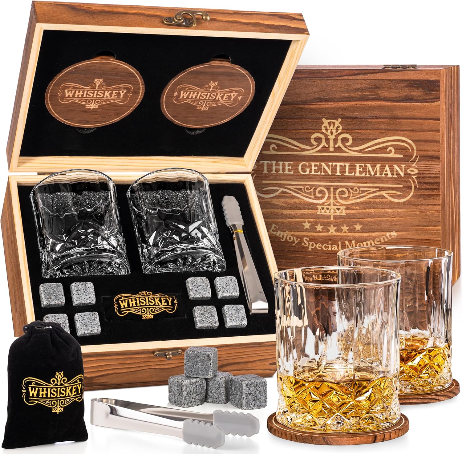 Set de Verre a Whisky - Coffret Whisky Cadeau Homme - Verre à Whisky & Rhum - 2 Verres à Whisky x 310ML, 8 Pierre a Whisky, 2 sous-Verres, Whiskey Accessories THE GENTLEMAN