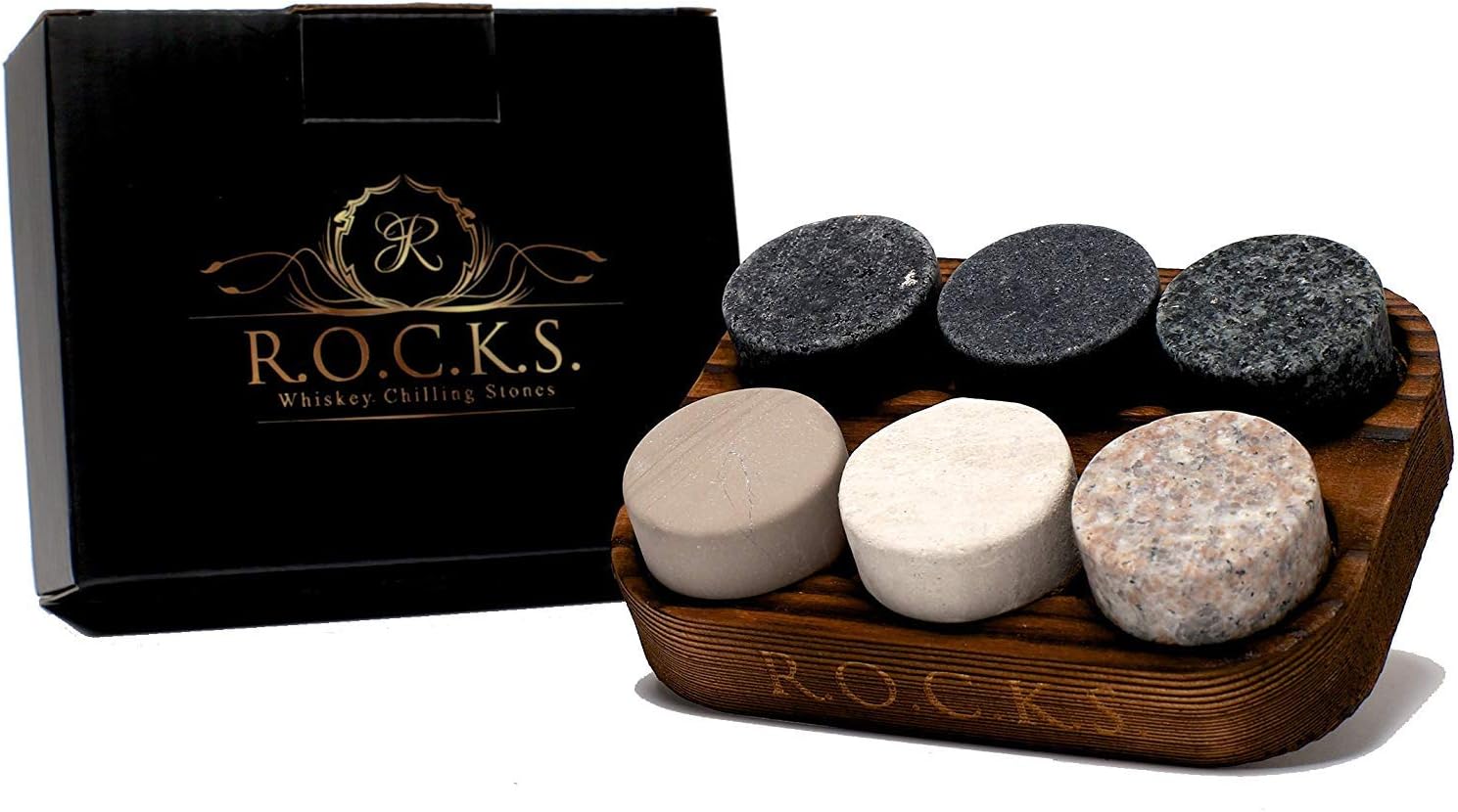 Pierres à Whisky - Set de 6 Pierres Artisanales Rondes en Granit Naturel - Support de Présentation et Rangement en Bois - Parfait Cadeau par R.O.C.K.S.