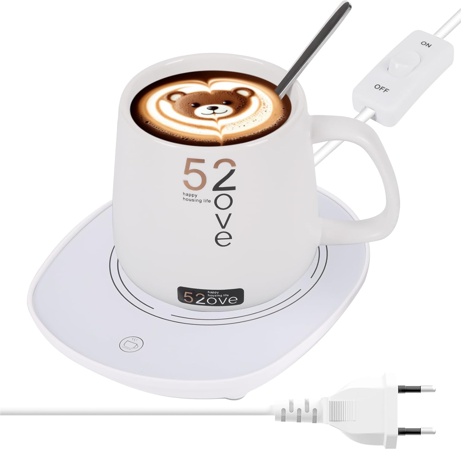 Chauffe Tasse Bureau avec Inductance Gravitationnelle pour Arrêt Automatique, Maintien Thé Lait Café au Chaud en Cuisine et Maison (avec Tasses) Blanc + Coupe Blanche