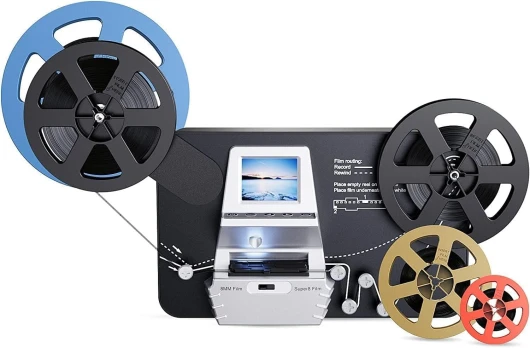 Scanner de Film Super 8/8mm,Convertisseur Film en Numérique (Film en Rouleau 3", 5", 7" et 9"),Vidéo Numériseur avec écran LCD 2,4",1080P et Carte Mémoire SD 32 GO Silver