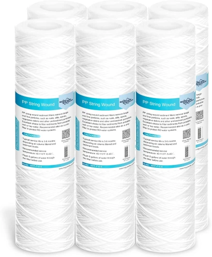 Membrane Solutions Cartouche de filtre à eau pour sédiments enroulés de 5 micron, pour filtration de sédiments dans toute la maison de 10 pouces x 2,5 pouces, Lot de 6