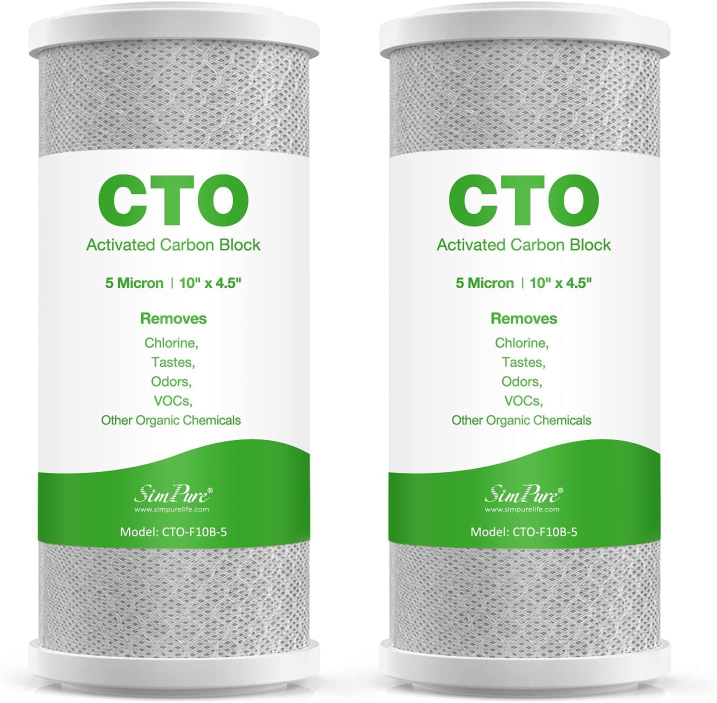 SimPure 10"x 4,5" Filtre à eau en charbon actif de coquille de noix de coco, pour les systèmes de filtration de la maison entière DB10C / DB10C-2, filtration du goût, élimination du chlore, 2 Pack