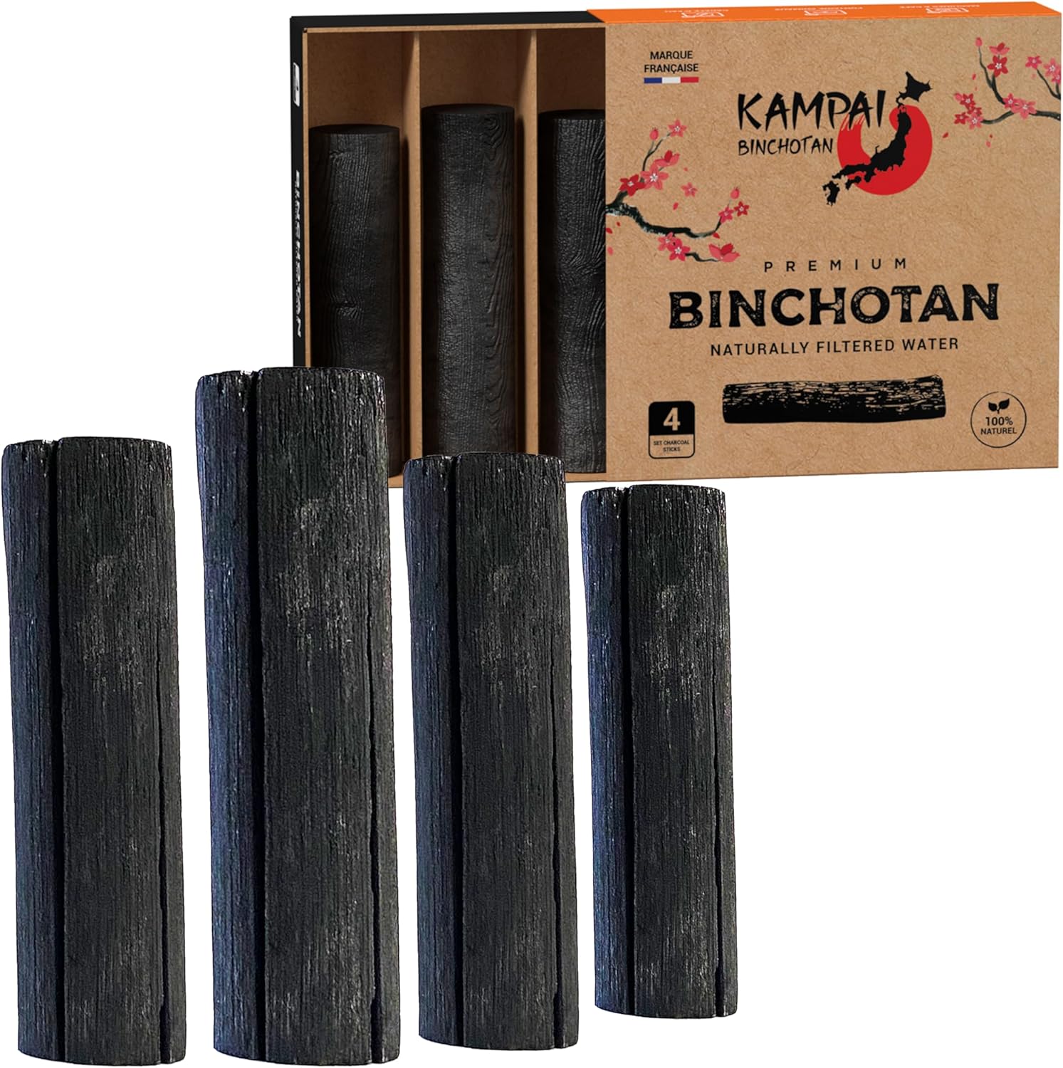 KAMPAI Charbon Actif Eau x4 - Filtre 2.5L à 3L / Baton - Binchotan Gros calibre - Purificateur Vegetal Bio - Recharge Carafe filtrante - Purification Eau du Robinet Bouteille Verre Gourde