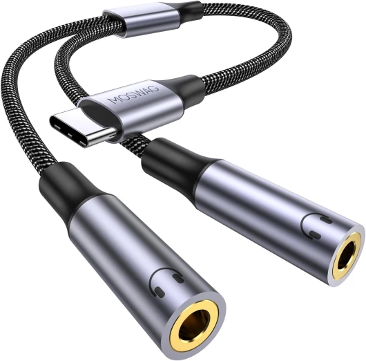 MOSWAG Adaptateur USB C vers Jack 3,5 mm, Adaptateur Double Jack USB C, Splitter Type C vers 3.5mm Écouteur Câble Compatible avec Pixel 7 6 Pro 5, Galaxy S23 S22 S21, 16 Pro Max/16 Pro 25CM Noir
