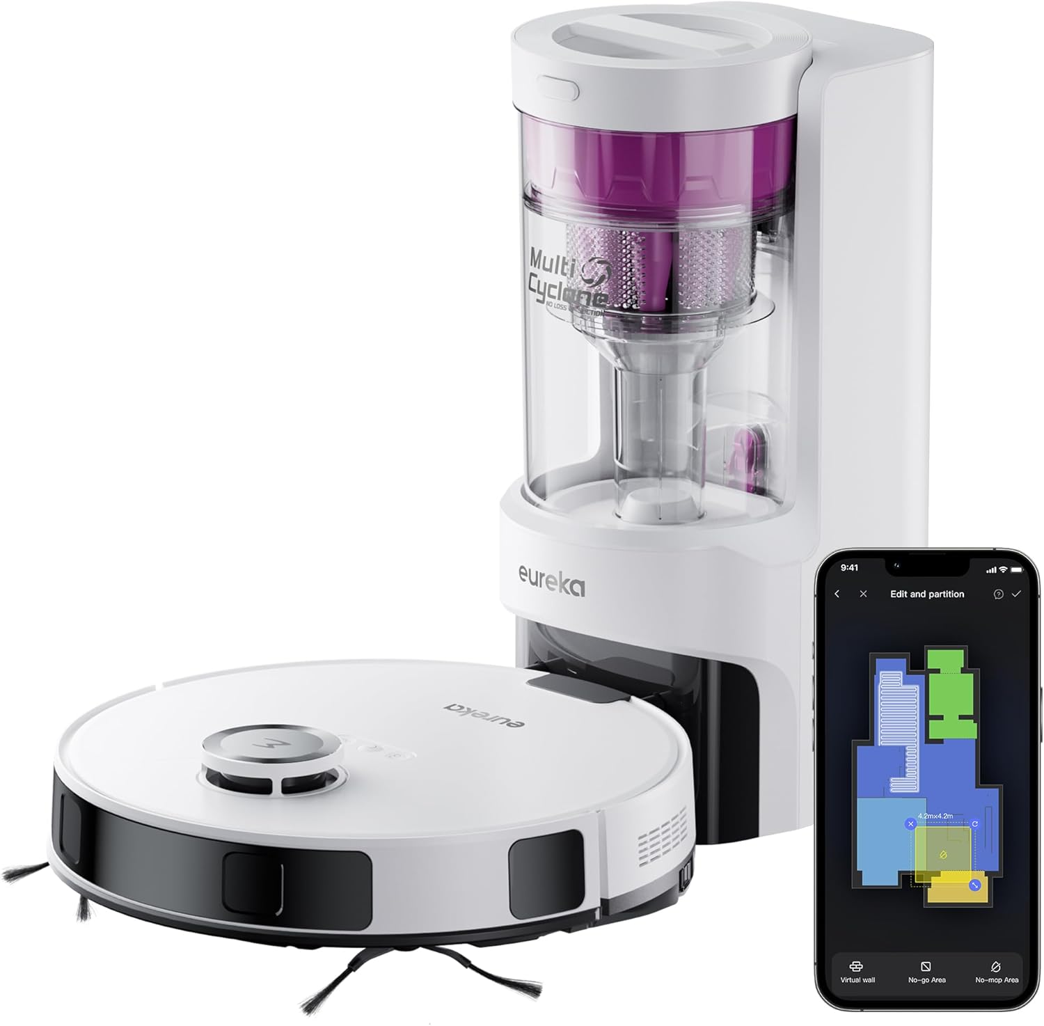 E10s Robot Aspirateur Laveur avec Station sans Sac Vidage Automatique, Robot Laveur de Sol 4000Pa, Autonomie 180 Minutes, Navigation LiDAR, Évitement d'obstacles, pour Poils d'animaux, Blanc E10s Blanc