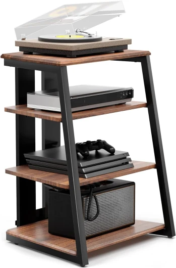 Meuble HiFi à 4 Etagères en Bois et Acier Support pour Platine Vinyle Meuble Audio/Vidéo Capacité de Charge Max - 50KG Structure Solide Marron