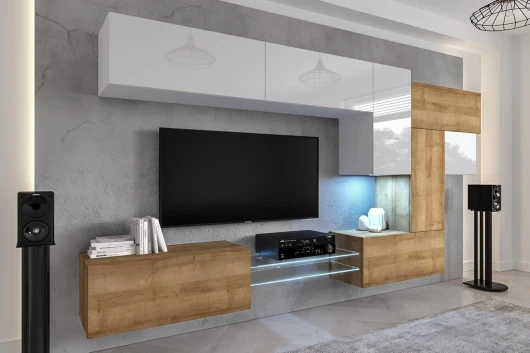 Ensemble Meuble TV Mural Suspendu Salon – Meuble Salon Design Moderne avec colonnes - Vitrines et rangements avec éclairage LED RVB - 16 Couleurs (AN92NEW-21WDZ-HGM22) LED RVB 16 couleurs Chêne Doré- Blanc Brillant