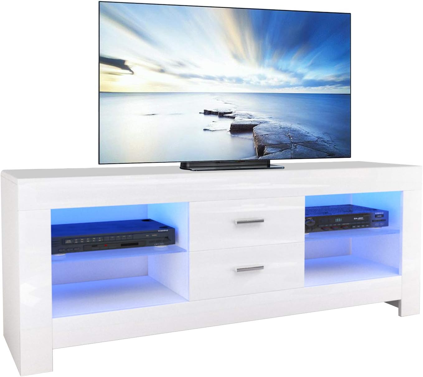 Meuble TV Bas Blanc Brillant avec éclairage LED et tiroirs, 130 x 50 x 35 cm 130x50x35 cm Blanc