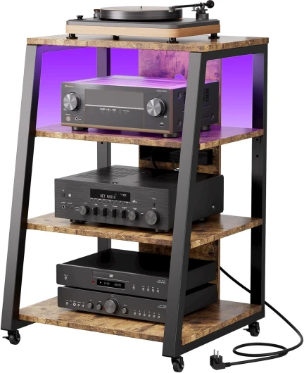 Meuble Hifi 4 Niveaux avec Multiprises et Lumières LED, Meuble Vinyle en Bois et Acier avec Roulettes et étagères, Etagères de Rangement Structure Solide, Brun Rustique, 60 x 55 x 90 cm