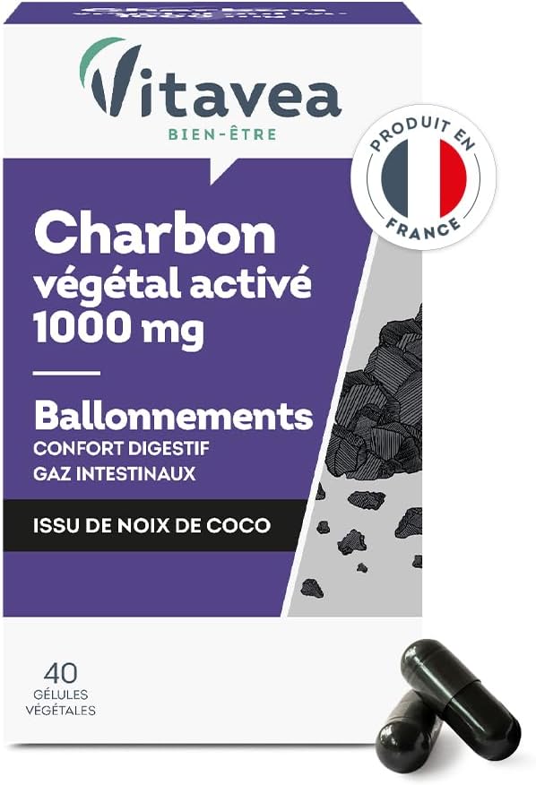 VITAVEA BIEN-ETRE - Charbon Actif Végétal 1000 mg - Complément Alimentaire Triple Action - Confort Digestif, Ballonnements, Gaz Intestinaux - 40 gélules - Cure de 10 jours - Fabriqué en France Charbon végétal activé