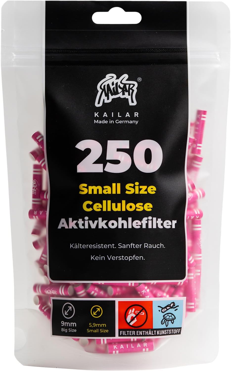 KAiLAR Lot de 250 filtres à charbon actif en cellulose rose Slim (6 mm) avec charbon actif végétalien fabriqué à partir de coquilles de noix de coco, pour une expérience de fumée plus faible et plus