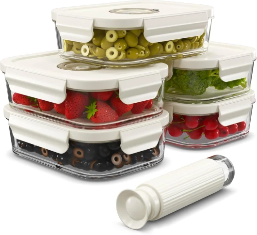 Paquet de 5 contenants de stockage d'aliments sous vide en verre de 1040ml avec suivi de date et pompe - Contenants hermétiques avec couvercles - Contenants de stockage d'aliments en verre