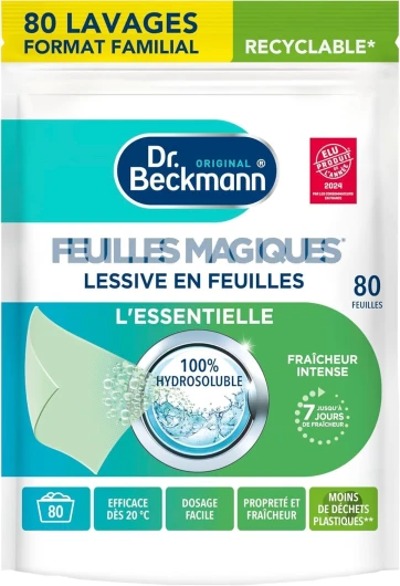 Dr - Beckmann - Lessive en feuilles L'ESSENTIELLE - Feuilles Magiques - Désinfectant Linge Pré-Dosé, Pratique et Léger - 100% Hydrosoluble - Produit Ménager Maison Facile à Utiliser - 80 Feuilles