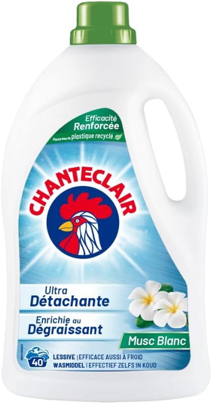 Lessive Liquide Concentrées Musc Blanc, Enrichie au Dégraissant, Ultra Détachantes et Efficaces aussi à Froid, 40 lavages - 1800 ml Musc Blanc 1.8 l (Lot de 1)