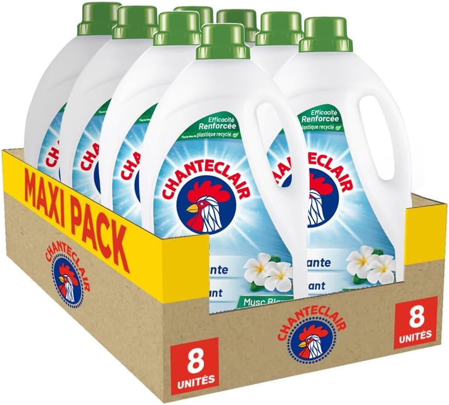 Lessive Liquide Concentrées Musc Blanc, Enrichie au Dégraissant, Ultra Détachantes et Efficaces aussi à Froid, 40 lavages - 8x 1800 ml