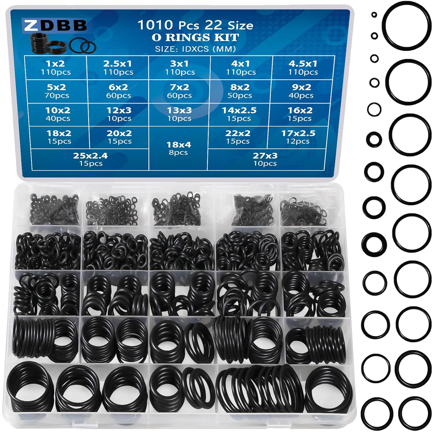 1010 PCS Caoutchouc O Kit de bagues 22 taille Universal Ont Assortiment Set pour les laveuses de pression de robinet automobile Réparation de scellage de plomberie 1010 pcs joints toriques en caoutchouc