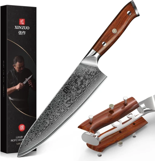 Couteau de Chef 21cm, Couteau de Cuisine en 10Cr15CoMoV Acier Damas, Couteau à Légumes Professionnel avec Poignée en Bois de Rose - Yu série Couteau de Chef 21cm Acier Damas+Bois de Rose