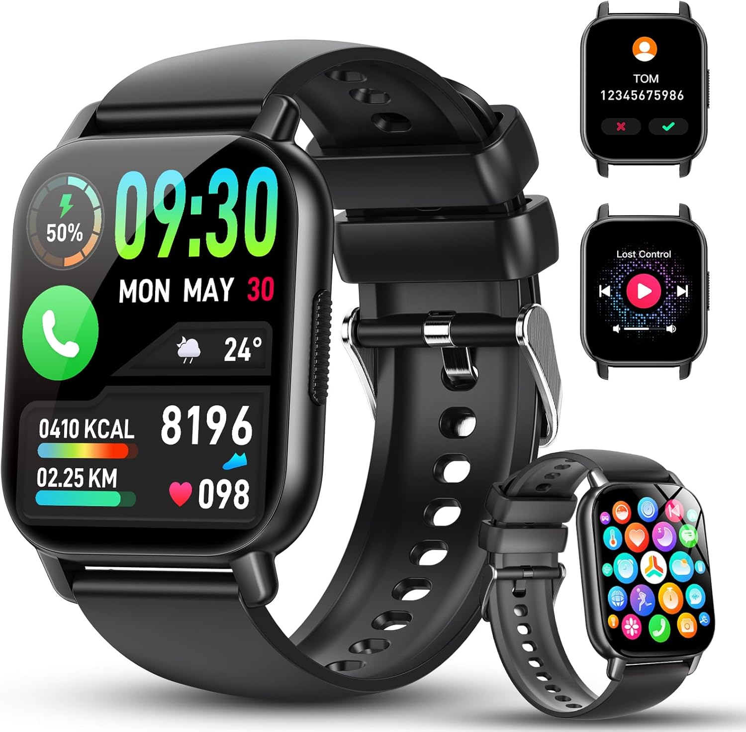 Montre Connectée Homme Femme, 1.91"HD Montre Connectee avec Appels Bluetooth, Etanche IP68 Montre Sport 112+ Mode Sport, Podomètre, Cycle Menstruel, Fréquence Cardiaque, Spo2, Smartwatch Android iOS noir