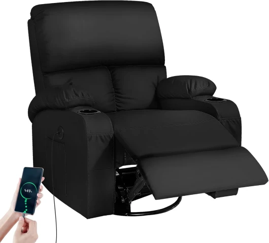 Moonlight Manor Rocking Fauteuil de Massage avec Vibration et Chaleur, Ports USB et Type-C, pivotantes à 360 °, en Cuir synthétique, pour Salon, Chambre à Coucher, Chambre d'enfant, Camping-Car, Noir Chaise Noire-usb