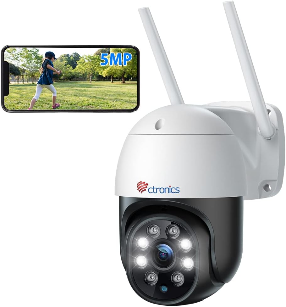5MP Caméra Surveillance WiFi Extérieure, 2,4Ghz/5Ghz WiFi PTZ Camera IP 2880X1620P Couleur Vision Nocturne,Détection Humaine Auto Suivi, Audio Bidirectionnel,IP66
