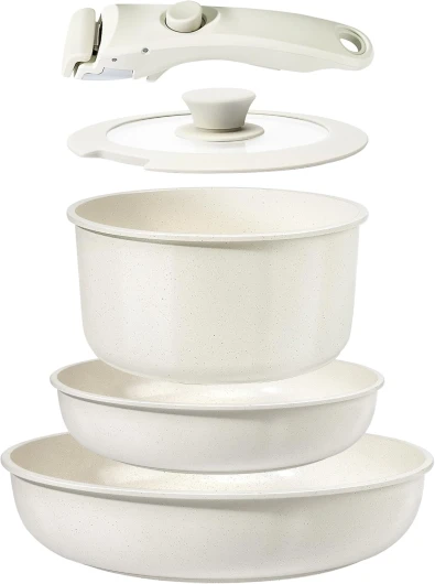 Set de Casseroles et Poêles en Céramique Antiadhésif - 5 Pièces avec Poignées Détachables, Sans Produits Toxiques, Compatible Induction, Four et Lave-vaisselle